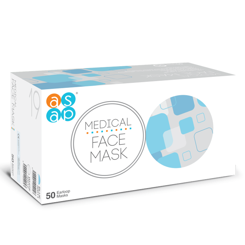 Box of Asap brand earloop disposable face masks