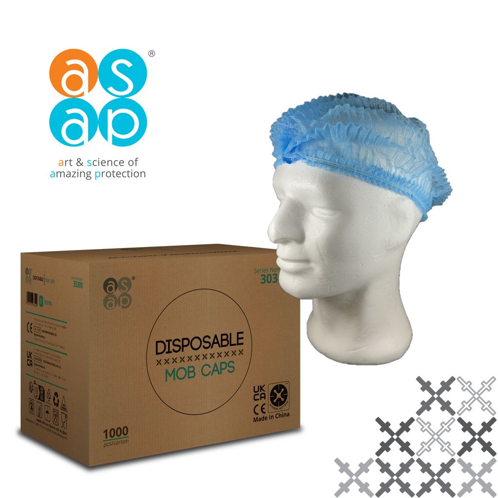 Packaging box of ASAP Disposable Mob Caps in blue color, with a mannequin head wearing a blue mob cap and a close-up of the cap's elastic band.