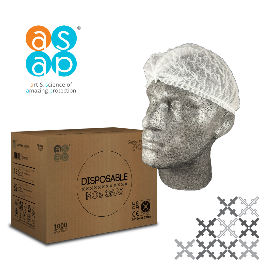 Packaging box of ASAP Disposable Mob Caps with a white mob cap displayed on a mannequin head and a close-up view of the cap's mesh fabric.