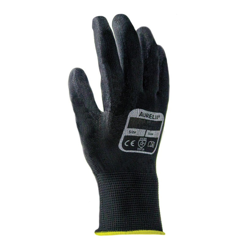 Black work glove with aurelia brand label on a white background
