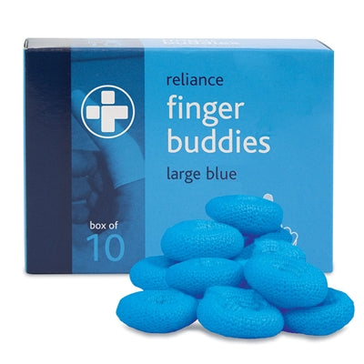 Box of Reliance Finger Buddies large blue on a white background