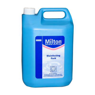 A blue plastic bottle with a white cap labeled 'Milton Disinfecting Fluid'