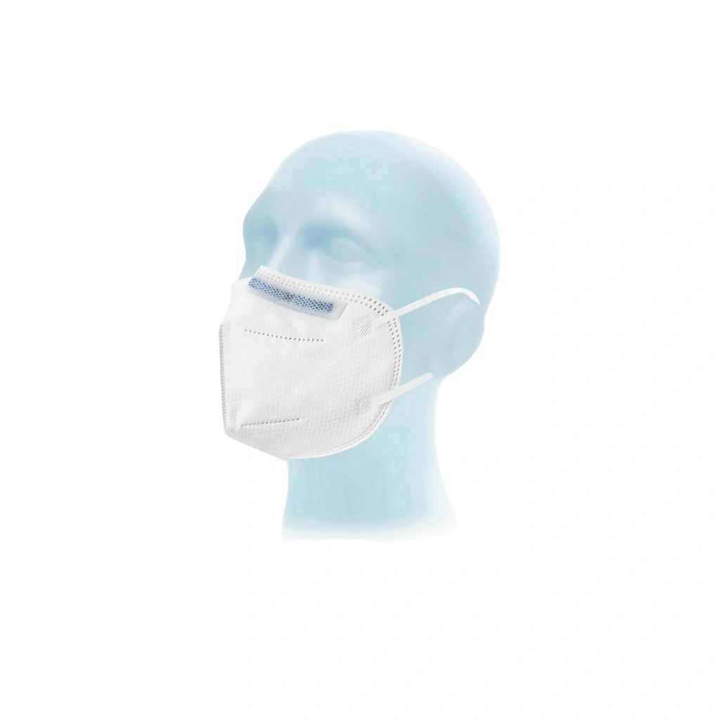 White face mask on a mannequin head with a light blue background