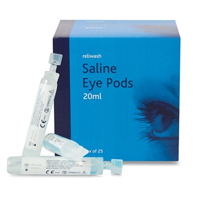 A box of Saline Eye Wash Pods alongside several pods displayed in front, with each pod filled with a clear saline solution.