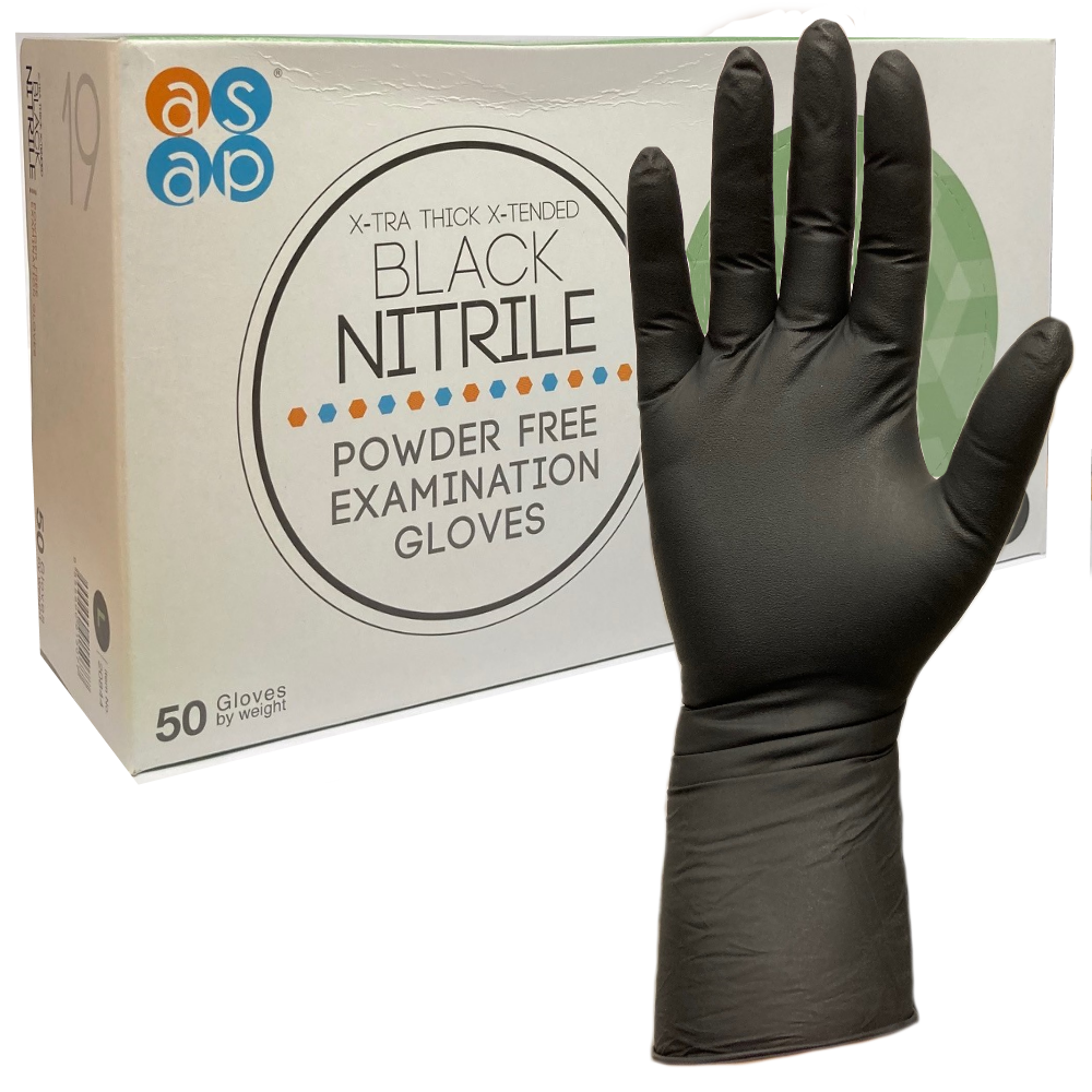 ASAP X-TRA THICK LONG CUFF Black Nitrile Gloves (Powder Free - 50Pk)