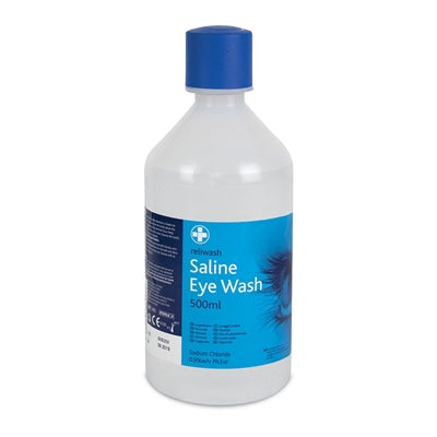 A bottle of 500ml sterile eye wash with a blue cap and label, indicating it is a saline solution for eye irrigation.
