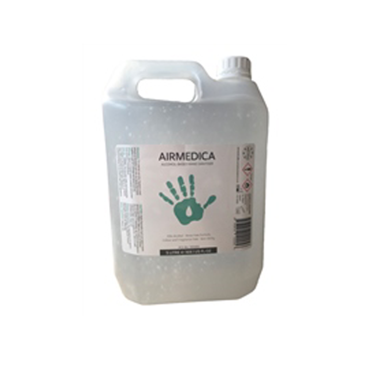 A 5 litre bottle of Airmedica hand sanitiser gel with a green hand graphic on the label.