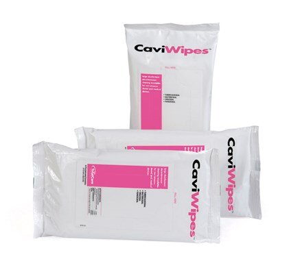 Three sealed packages of Kerr Caviwipes, each in a white flatpack with pink and black labeling, indicating different sizes or variations of the product.