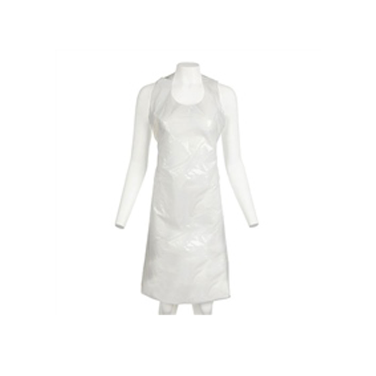 A white plastic apron on a mannequin, displaying the apron's size and design